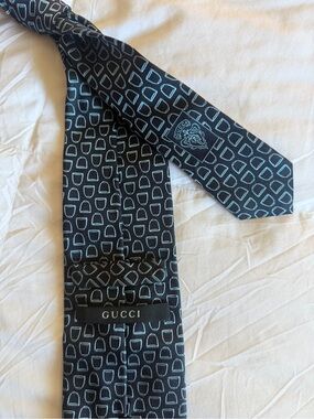 Gucci Black Silk Tie with Blue Geometric Motif
